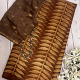 Brown block printed supernet saree