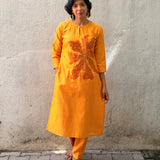 Yellow Chanderi Applique Kurta Set