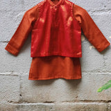 Red Kanchipuram silk coat with orange kota kurta