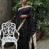 Black handwoven pure silk saree with geometric stripes in Benaras weave