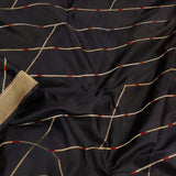 Black handwoven pure silk saree with geometric stripes in Benaras weave