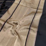 Black handwoven pure silk saree with geometric stripes in Benaras weave