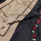 Black handwoven pure silk saree with geometric stripes in Benaras weave