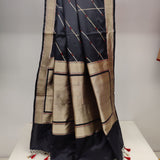 Black handwoven pure silk saree with geometric stripes in Benaras weave