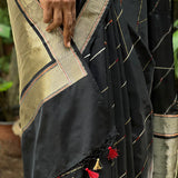 Black handwoven pure silk saree with geometric stripes in Benaras weave