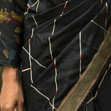 Black handwoven pure silk saree with geometric stripes in Benaras weave