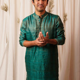 Sah A Teal green gold tussar kurta