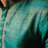Sah A Teal green gold tussar kurta