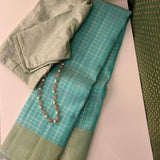 Charita turquoise gold silver checked kanchipuram silk saree