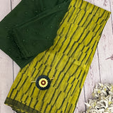 Chartreuse block printed supenet saree