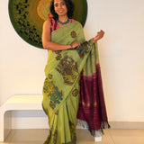 Kalpataru Ganesha Kalamkari Silk Saree - Green