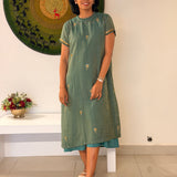 Green Tussar Embroidered Dress