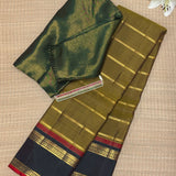 Sumangala Horizontal Stripes Kanchi Silk Saree - Olive