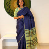 Kalpataru Raindrop Kalamkari Silk Saree - Navy Blue and Green