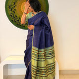 Kalpataru Raindrop Kalamkari Silk Saree - Navy Blue and Green