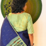 Kalpataru Raindrop Kalamkari Silk Saree - Navy Blue and Green
