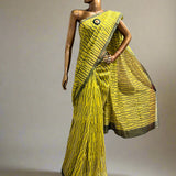 Chartreuse block printed supenet saree