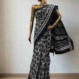 Black and white handprinted cotton saree
