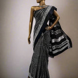 Black and white handprinted cotton saree