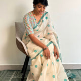 Teal polka dots chanderi saree