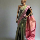 Tejasvi green dusty pink thread woven Kanchipuram silk saree