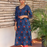 Blue rose printed cotton kurta