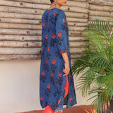 Blue rose printed cotton kurta