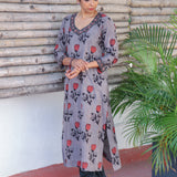 Grey rose printed cotton kurta
