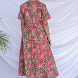Red hand printed cotton skirt