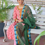Peach kota printed kurta set with applique work