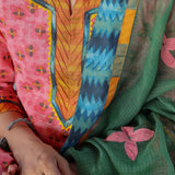Peach kota printed kurta set with applique work