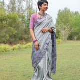 Grey tussar cutwork saree