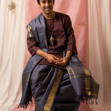 Sah A Steel grey pure silk veshti set